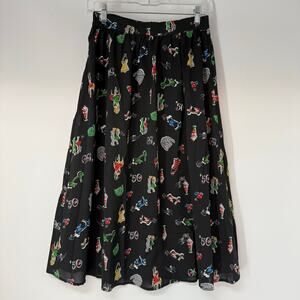 Moon All Over Printed A-Line Midi Skirt Women Medium Black Pleated High Rise 50s